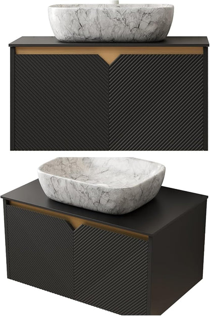 Floating Bathroom Vanity with Sink, 30" Bathroom Storage Cabinet with Sintered Stone Countertop & Marble-Pattern Ceramic Basin, Modern Wall-Mounted Vanity with 2 Twill Pattern Doors, Black