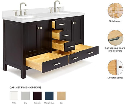 ARIEL Cambridge 60-inch Bathroom Vanity with Sink,Solid Wood, 1.5-inch Pure White Quartz Countertop, Double Rectangular Porcelain Sink, 4 Soft Closing Doors, 6 Dovetail Drawers, Espresso