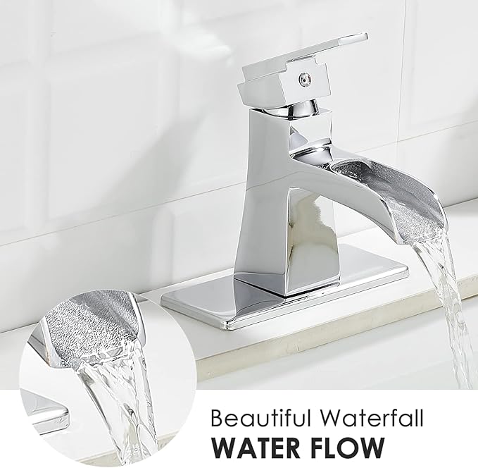 Chrome Waterfall Bathroom Faucet, Sanliv Single Handle Bathroom Sink Faucet for 1 or 3-Hole Sinks (4 Inch Centerset) Modern Farmhouse Vanity Faucet with Pop Up Drain, Polished Chrome