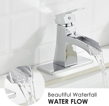 Chrome Waterfall Bathroom Faucet, Sanliv Single Handle Bathroom Sink Faucet for 1 or 3-Hole Sinks (4 Inch Centerset) Modern Farmhouse Vanity Faucet with Pop Up Drain, Polished Chrome