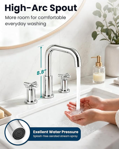 gotonovo Widespread 8 inch 3 Hole Bathroom Sink Faucet Polished Chrome | 2 Cross Handle Bathroom Faucet,SUS304,360° Swivel Spout,24’’ cUPC Hose,Pop Up Drain,6-16’’ Vanity,Sink,Lavatory,Basin,RV