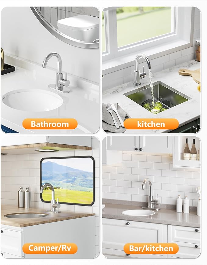 Modern Bar Sink Faucet, Single-Handle Bathroom Kitchen Sink Faucet, 1 Hole Wet Bar Sink Faucets with 360°Swivel Spout for bar RV Laundry Farmhouse, Brushed Nickel