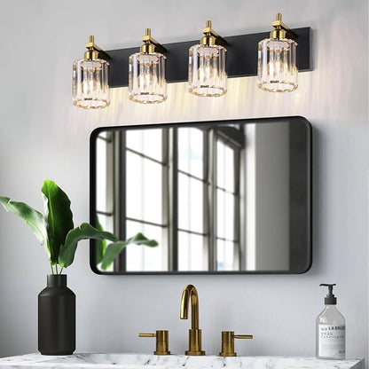 She's home 4 Light Crystal Vanity Lights for Bathroom - Black and Gold Modern Bathroom Vanity Lights Over Mirror 28 Inch, Bathroom Wall Lighting E26 Base