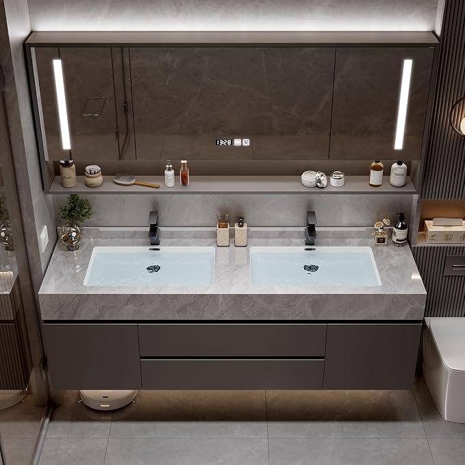 76" Modern Bathroom Vanity Double Sink with Seamless Quartz Countertop, Ceramic Undermount Basins & Storage Mirror, LED Anti-Fog, Time Temperature Display, for Bathroom Storage Organization