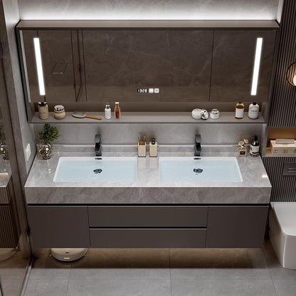 52" Modern Bathroom Vanity Double Sink with Seamless Quartz Countertop, Ceramic Undermount Basins & Storage Mirror, LED Anti-Fog, Time Temperature Display, for Bathroom Storage Organization