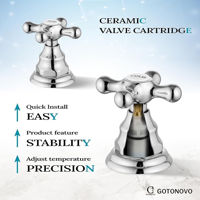 gotonovo Bathroom Faucet 3 Hole 8 Inch Widespread Bathroom Sink Faucet 2 Cross Handles Vintage Lavatory Vanity Mixer Tap with Pop Up Drain, HOT Cold Label, Polish Chrome