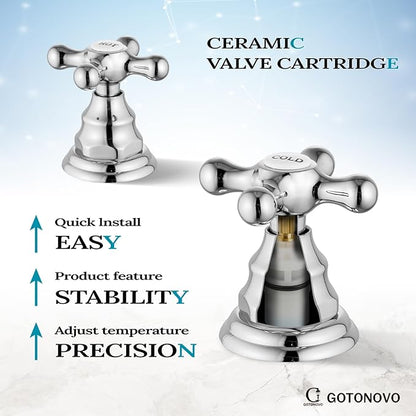 gotonovo Bathroom Faucet 3 Hole 8 Inch Widespread Bathroom Sink Faucet 2 Cross Handles Vintage Lavatory Vanity Mixer Tap with Pop Up Drain, HOT Cold Label, Polish Chrome
