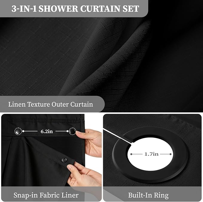 84x75 Ringless Linen Textured Shower Curtain with Snap in Liner, Black | Extra Wide Size, 3 in 1 Durable Fabric Shower Curtain, Removable Liner, Waterproof & Washable, Mesh Top Window, Easy Setup
