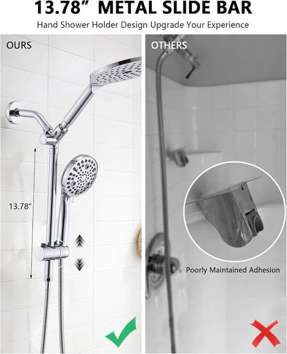 PDPBath High Pressure Rainfall Shower Head with Handheld Combo, 10 Setting Handheld Shower Head, Dual Handheld Shower Head Combo with Slide Bar for Easy Reach, Chrome
