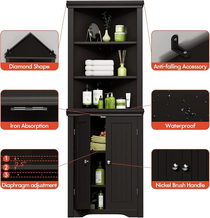 YESHOMY Corner Cabinet, Storage Cupboard with Doors, Brown | Tall Storage Cabinet with Adjustable Shelves, for Living Room, Bathroom, Kitchen
