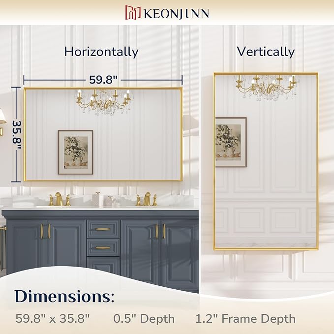 Keonjinn 60x36 Inch Gold Bathroom Mirror for Over Sink, Wall Mounted | HD Tempered Glass, Vanity Mirror, Brushed Framed, Square Corner, Modern Farmhouse, Rectangular Mirrors, Aluminum Alloy