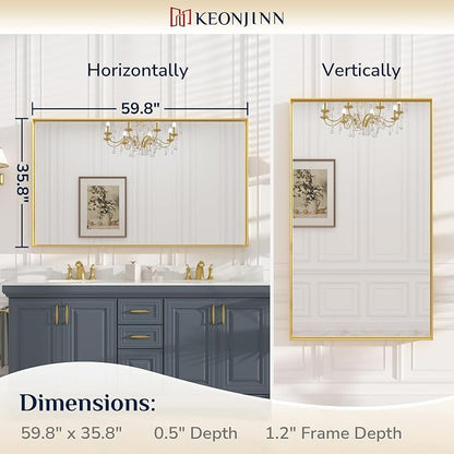 Keonjinn 60x36 Inch Gold Bathroom Mirror for Over Sink, Wall Mounted | HD Tempered Glass, Vanity Mirror, Brushed Framed, Square Corner, Modern Farmhouse, Rectangular Mirrors, Aluminum Alloy