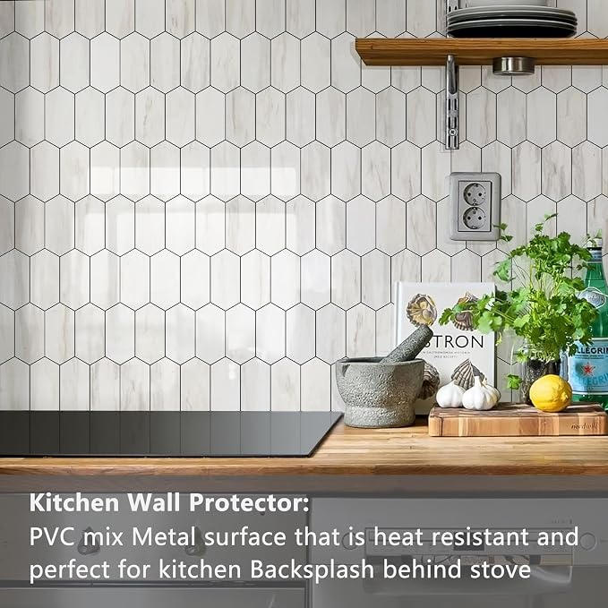 Vamos Tile Long Hexagon Peel and Stick Backsplash Tile - 1 Sheet Stick on Backsplash for Kitchen and Bathroom 12.4 x 12 Inch Glossy Wood Grain PVC Self Adhesive Mosaic Wall Tiles