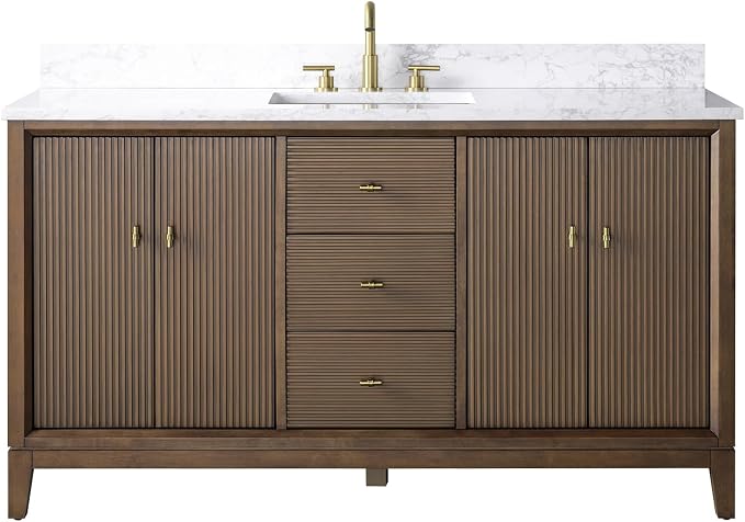 Vanity Art 60" Bathroom Vanity with Single Sink & Arabescato White Engineered Stone Top, Vanity Cabinet with Soft Closing Door, Solid Wood Frame, Golden Brushed Handles, Walnut VA8160S-Walnut-GB