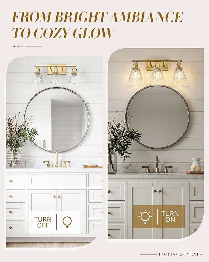 HWH 3-Light Bathroom Wall Sconces, Clear Floral Glass, 5HJX110B-3W BG | Brushed Gold Finish, 20 Inch Bathroom Vanity Light for Bedroom, Sconce Wall Lighting, Standard E26 Bulb Socket, For Foyer