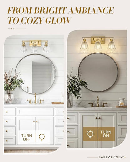 HWH 3-Light Bathroom Wall Sconces, Clear Floral Glass, 5HJX110B-3W BG | Brushed Gold Finish, 20 Inch Bathroom Vanity Light for Bedroom, Sconce Wall Lighting, Standard E26 Bulb Socket, For Foyer