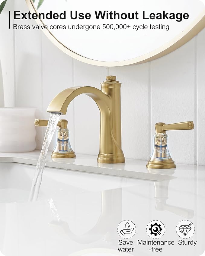 Brass Bathroom Waterfall Faucet, 4-16 Inch Brushed Gold Bathroom Faucet Widespread Bathroom Sink Faucet, 2 Handles Bathroom Faucets for Sink 3 Hole with Pop Up Drain, Water Hoses