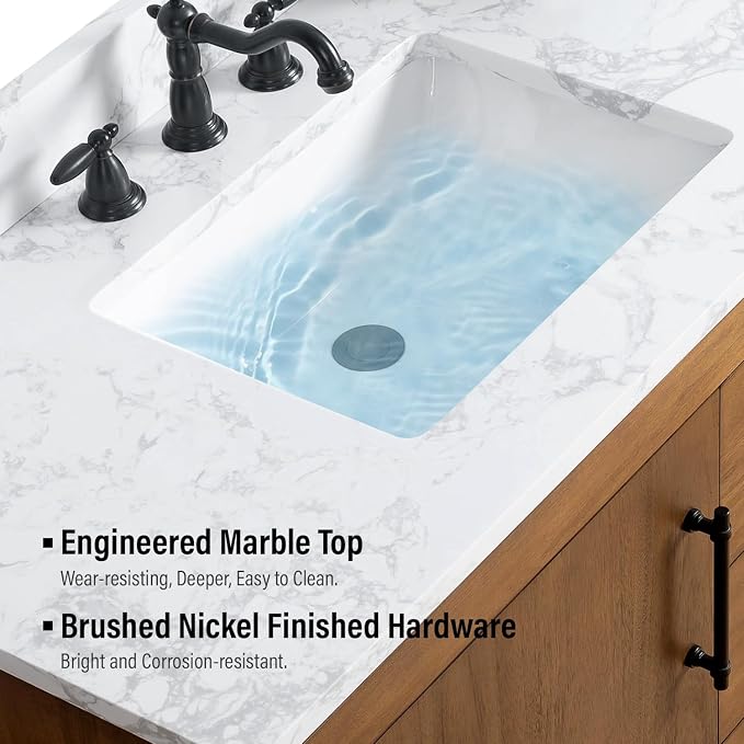 Vanity Art 42 inch Bathroom Vanity with Single Sink, Modern Wood Bath Vanity with Carrara Marble Top, Vanity Cabinet with Doors， Removable Shelf, Solid Wood Frame, Ceramic Sink, Tan, VA7042E
