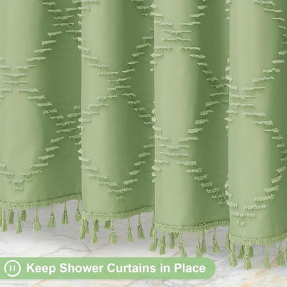 Sage Boho Woven Fabric Shower Curtain with Tassel 72 x 72, Tufted Textured | Modern Farmhouse Curtain for Bathroom, Standard Bathroom Curtain, Minimalist Decor, Waterproof