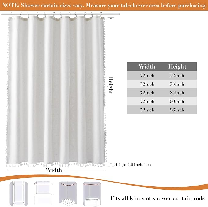 Extra Long Beige White Boho Linen Shower Curtain 84 Inch Weighted Tassel Farmhouse Solid Fabric Shower Curtain Set with Hooks Vintage Country Aesthetic Style Decor for Bathroom 72x84