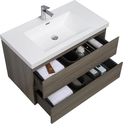 36 Inch Floating Bathroom Vanity with Sink, Large Storage Wall Mounted Floating Vanity with Soft Close Drawers, One-Piece Basin Bathroom Sink Cabinet (Ash Grey, 36 Inch)