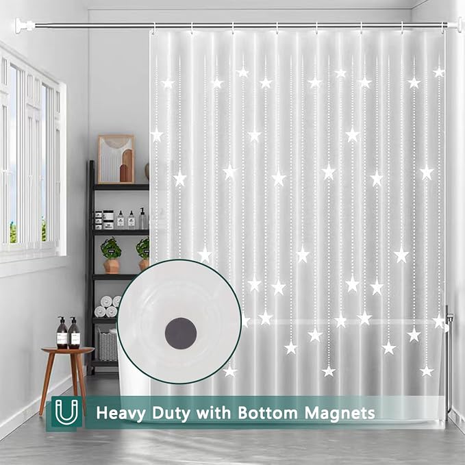 Shower Curtain Liner, White Pentagram Waterproof PEVA Shower Curtains with 3 Duty Heavy Bottom Magnets and 12 Rust Proof Grommets, 72x72 Weighted Shower Liner for Shower Stall, Bathtubs