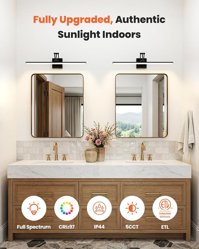 Morden Bathroom Light Fixtures,Black Vanity Lights, 360°Rotatable 24IN Vanity Fixture Over Mirror with 5CCT&Dimmable Wall Lamp, Eye-Friendly Led Bath Bar For Makeup Shaving-ETL, Ideal Gift for Holiday
