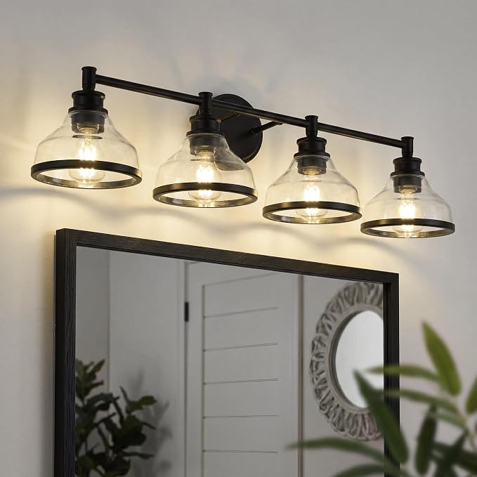 kudos 4-Light Matte Black Vanity Light, Clear Glass Shade | 33" bathroom light fixtures over mirror, upward or downward, E26 base, bulbs not included, Hardwired, KDVL20-BK-4