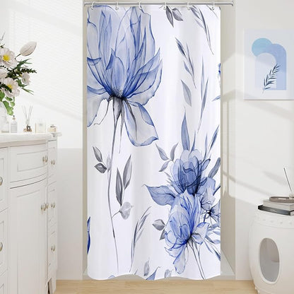 Dark Blue Boho Floral Shower Curtain, Watercolor Botanical Design, 36 x 72 | Boho Floral Design, Watercolor Ink Painting Style, Botanical Flowers & Leaves, Elegant Bathroom Accent, Fabric Cloth Curtain