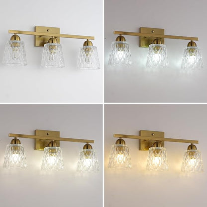 Mecgirn Stainless Steel Bathroom Vanity Light Over Mirror, 3 Light Brushed Gold Bathroom Light Fixtures with Textured Glass Shades, Modern Vanity Lighting Wall Mount