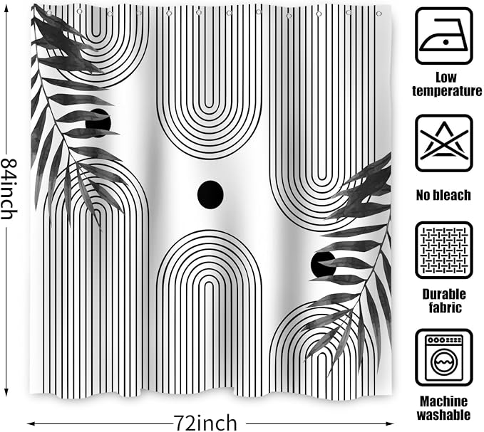Boho Mid Century Modern Shower Curtain, Abstract Arch Leaf Minimalist Sun Black and White Machine Washable Waterproof Fabric for Bathroom Bathtub with Hooks 72Wx84H
