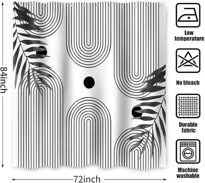 Boho Mid Century Modern Shower Curtain, Abstract Arch Leaf Minimalist Sun Black and White Machine Washable Waterproof Fabric for Bathroom Bathtub with Hooks 72Wx84H