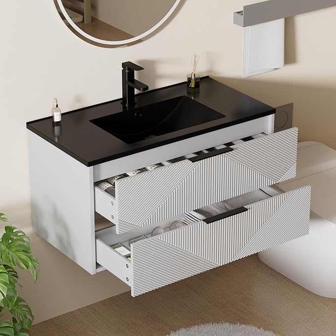 LUCKWIND 36" Floating Bathroom Vanity with Black Sink Combo, Wall Mounted Floating Cabinet with 2 Large Soft-Close Drawers & Water Saving Faucet, Geometric Textured Design in White