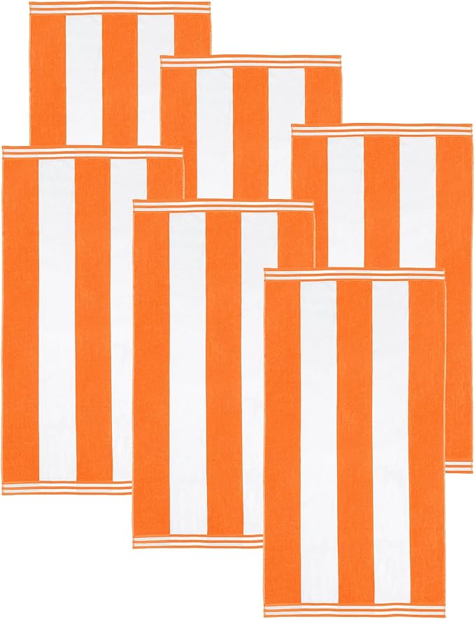 Superior Cotton Striped Beach Towels, Colorful Towels for Adult, Kid, Pool, Swimming, Sand, Travel, Large Oversized, Absorbent, Fast Drying, Bath Basics, Cabana Collection, Set of 6, Orange