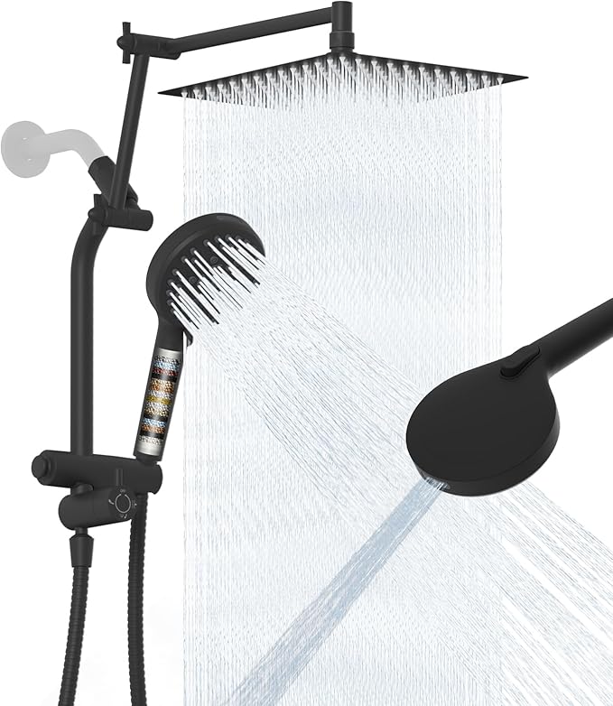 12" Metal Rain Shower Head with Handheld, 10-Mode with Filter, Easy Reach | Black High-Pressure Rainfall Showerhead, Upgraded 4-Way Diverter Pause Mode, Adjustable 16" Extension Arm/71" Hose/Holder
