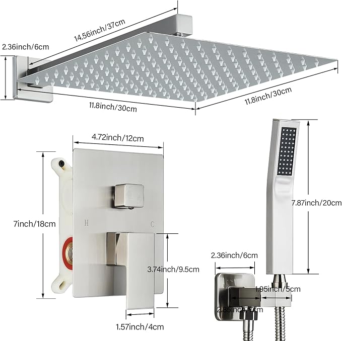 Shower Faucet Set Brushed Nickel Shower System with 12 Inches Rain Shower Head and Handheld Sprayer Wall Mounted Shower Fixture Set with Brass Shower Valve