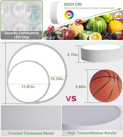 Modern LED Round Flush Mount Ceiling Light Fixture,White,15.74 inch | Dimmable,36Watts,Bright Adjustment,5CCT 3000K/3500K/4000K/5000K/6000K,Matte,Metal,for Living Room,Kitchen,Bedroom,Bathroom