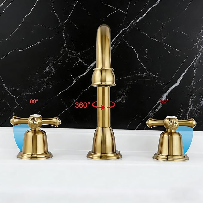 RKF Bathroom Faucets for Sink 3 Hole Gold 8 inch Widespread Bathroom Sink Faucet with Drain 2 Handles Cross Knobs Faucet Vanity Faucet Basin Mixer Tap with Hose & Deck CWF039-BG