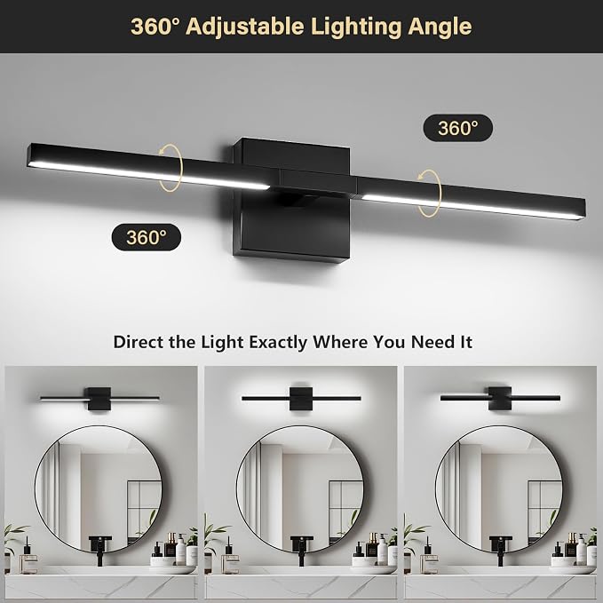 Black Bathroom Vanity Light, 24 Inch LED Light Bar Over Mirror | Modern Bathroom Light Fixture Over Mirror for Vanity, 360° Rotatable Dimmable LED Wall Mounted Lighting, ETL Certified