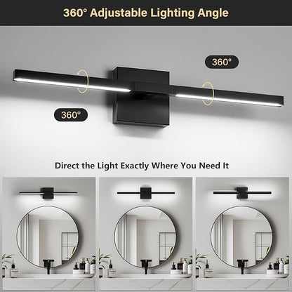 Black Bathroom Vanity Light, 24 Inch LED Light Bar Over Mirror | Modern Bathroom Light Fixture Over Mirror for Vanity, 360° Rotatable Dimmable LED Wall Mounted Lighting, ETL Certified