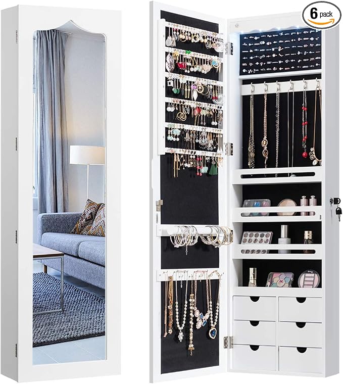 COSTWAY Jewellery Cabinet with LED Lighting, 6 Drawers and Mirror, Hanging Sail Cabinet, Wall Cabinet for Door and Wall Mounting, Lockable (White)