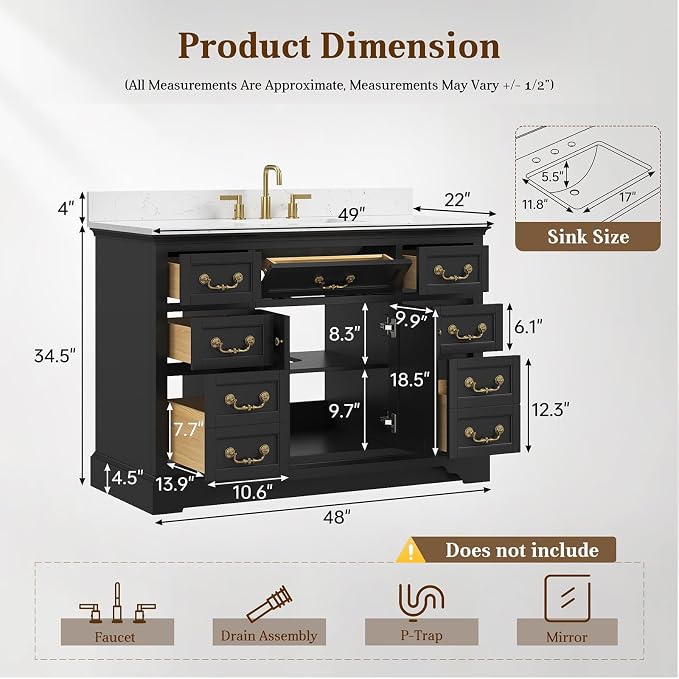48 Inch Classic Black Bathroom Vanity with Sink, Solid Wood | Pre Assembled, Freestanding Storage Cabinet, Single Ceramic Sink, Engineered Stone Top, Soft Closing Doors, Dovetail Drawers