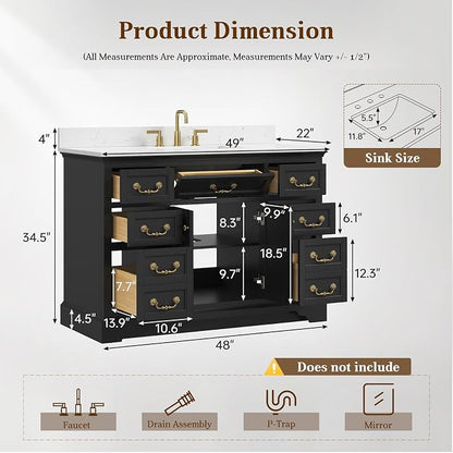 48 Inch Classic Black Bathroom Vanity with Sink, Solid Wood | Pre Assembled, Freestanding Storage Cabinet, Single Ceramic Sink, Engineered Stone Top, Soft Closing Doors, Dovetail Drawers