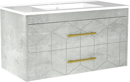 Garvee 36" Bathroom Vanity with Sink, Floating Bathroom Vanity with Ceramic Basin, 2 Large Storage Drawers with Gold Metal Handle, Modern Wall Mounted Bathroom Cabinet with Sink, Grey