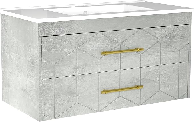 IDEALHOUSE Floating Bathroom Vanity with Sink 36 inch, Modern Bathroom Sink Cabinet, Ceramic Vanity Top, 2 Large Storage Drawers with Gold Metal Handle, Easy to Assembly, Grey