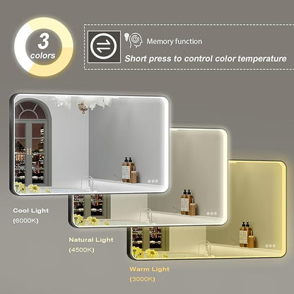 LED Mirror for Bathroom 48X28 Inch Black Framed with Anti-Fog, Stepless Dimmable, Front Lit, LED Bathroom Vanity Mirror for Wall, Memory Function, Shatter-Proof