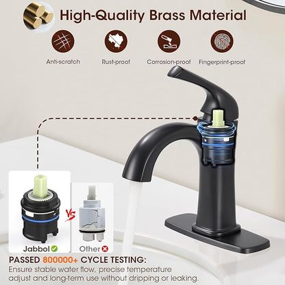 Matte Black Single Hole Bathroom Faucet, Single Handle Brass Bathroom Sink Faucet, Lavatory Vanity Faucet for 1 or 3 Holes, Bathroom Faucets with Pop Up Drain and Supply Lines, Deck Plate