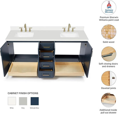 DKB Emilia 72 Inch Bathroom Vanity Double Sink — Midnight Blue Bathroom Vanity with Sink, 1.5" Edge Pure White Quartz Countertop & Backsplash, 4 Soft-Close Doors, and 6 Dovetail Drawers