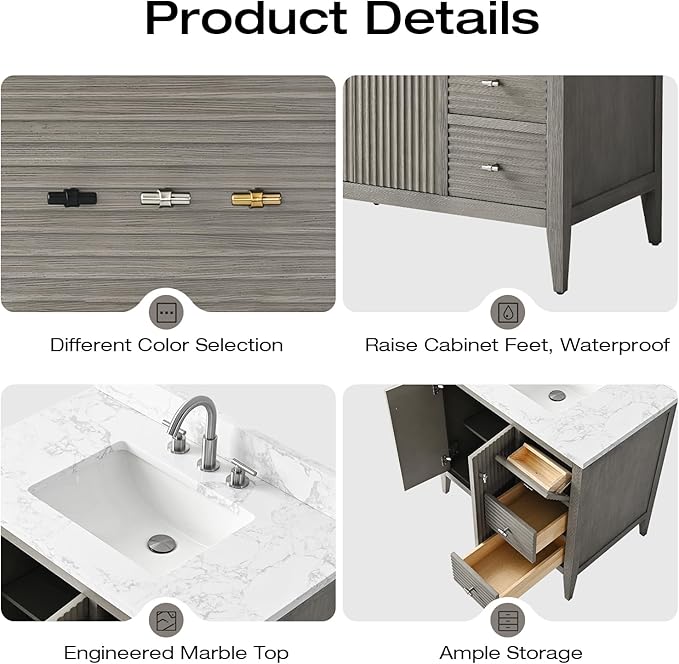 Vanity Art 36 inch Bathroom Vanity with Single Sink & Ceramic Top, Vanity Cabinet with Soft-Closing Door, Solid Wood Frame, Linear Pattern, Driftwood Gray, VA9136-DG-MB,Matte Black Handles
