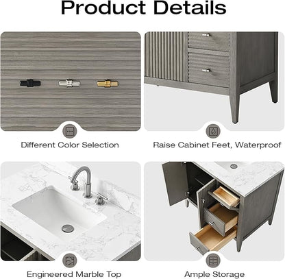 Vanity Art 36 inch Bathroom Vanity with Single Sink & Ceramic Top, Vanity Cabinet with Soft-Closing Door, Solid Wood Frame, Linear Pattern, Driftwood Gray, VA9136-DG-MB,Matte Black Handles